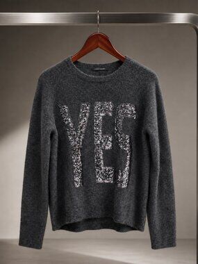 Luisa Cerano "YES" Sequin Graphic Sweater Charcoal Boiled Wool Alpaca Blend US 4
